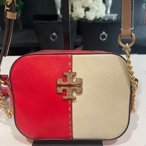 Tory Burch Red and Cream Crossbody Bag with Gold Accents